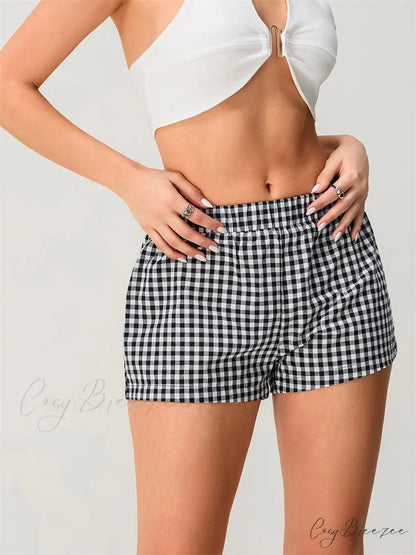 Plaid Elastic Waist Loose Shorts short-250223