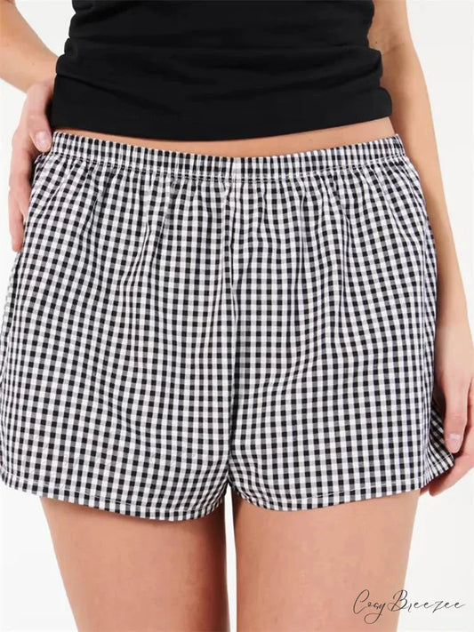 Plaid Elastic Waist Sleep Shorts black / S short-250223