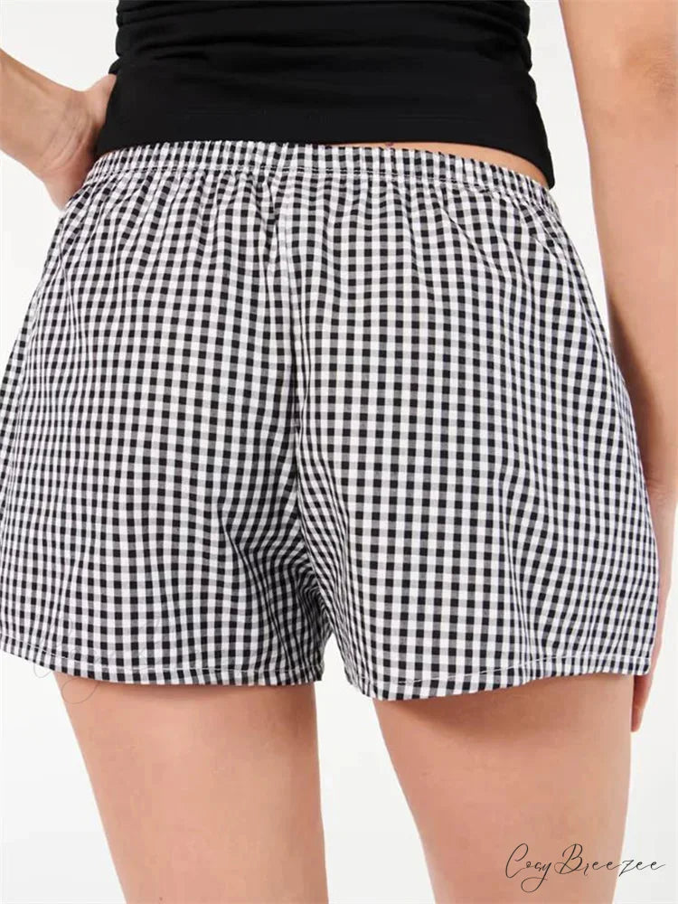 Plaid Elastic Waist Sleep Shorts short-250223