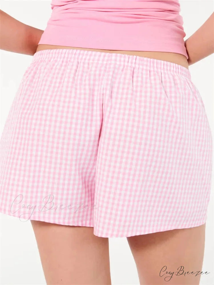 Plaid Elastic Waist Sleep Shorts short-250223