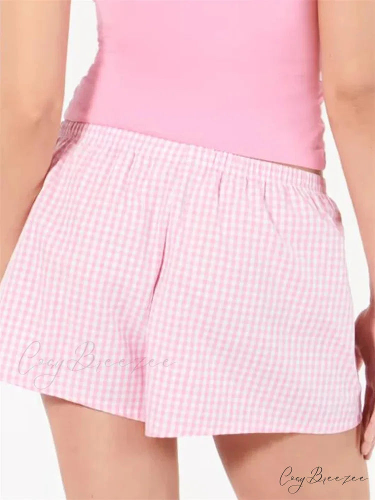 Plaid Elastic Waist Sleep Shorts short-250223