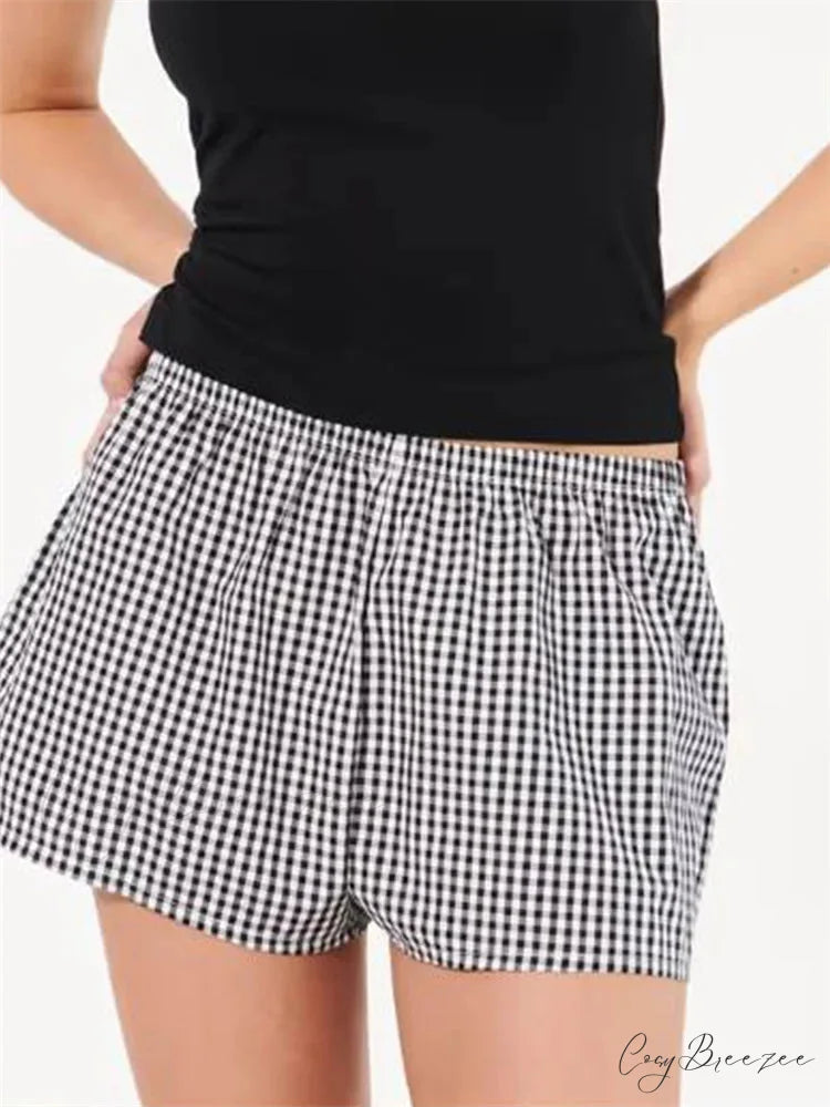 Plaid Elastic Waist Sleep Shorts short-250223