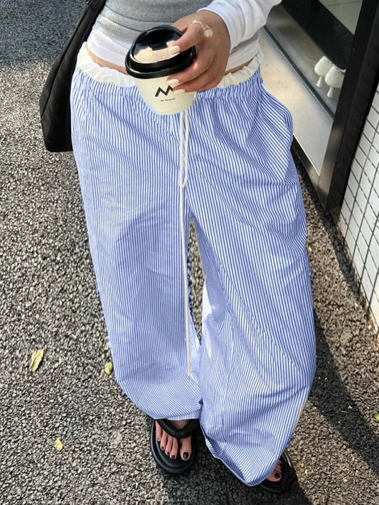 Plaid Elevated-Waist Straight Spacious Nightwear Pant Blue / S pant-250223