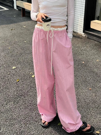Plaid Elevated-Waist Straight Spacious Nightwear Pant Pink / S pant-250223