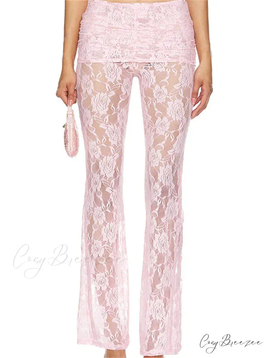 Plaid Flared Pull-Tie Elevated-Waist Casual Pant PINK / S pant-250223