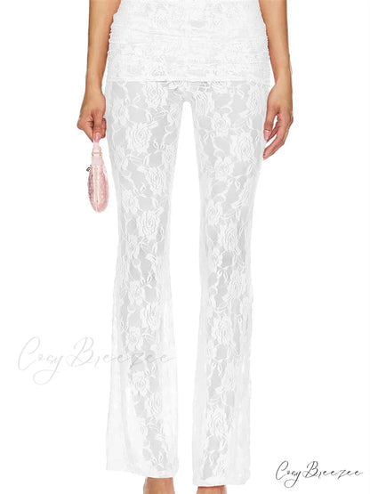 Plaid Flared Pull-Tie Elevated-Waist Casual Pant WHITE / S pant-250223