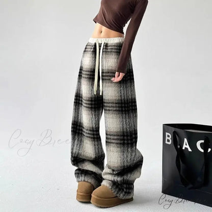 Plaid Fleece High Waist Relaxed Pants pants-241228