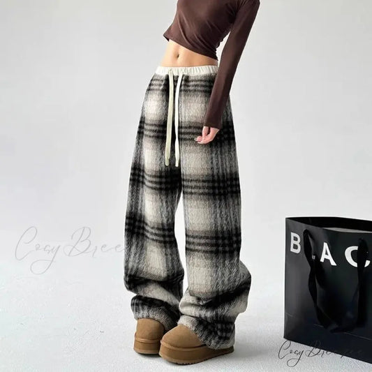 Plaid Fleece High Waist Relaxed Pants pants-241228