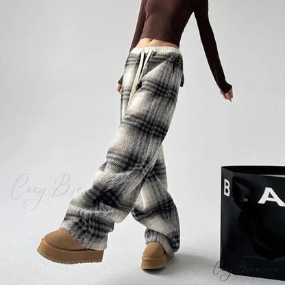 Plaid Fleece High Waist Relaxed Pants pants-241228