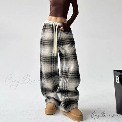 Plaid Fleece High Waist Relaxed Pants Coffee / S pants-241228