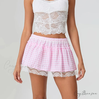 Plaid Floral Lace Mixed Skirt skirts-250223