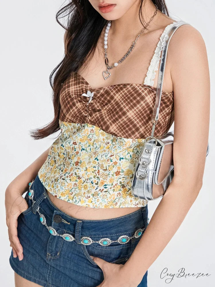 Plaid Floral Patchwork Bow Tie-up Backless Crop Top croptop-250126