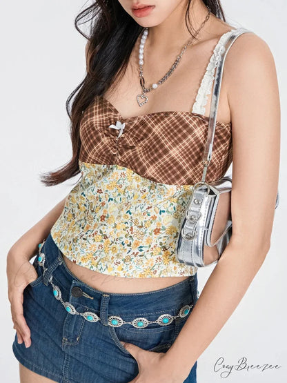 Plaid Floral Patchwork Bow Tie-up Backless Crop Top croptop-250126