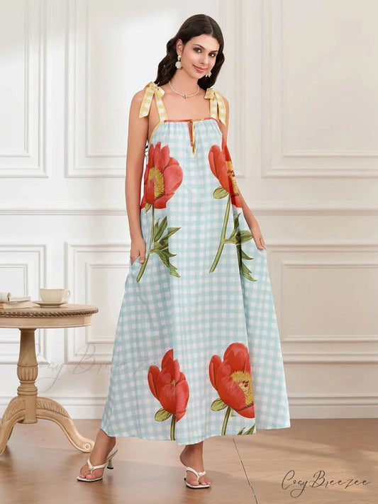 Plaid Floral Sleeveless Tank Dress BLUE / S floraldress-250126