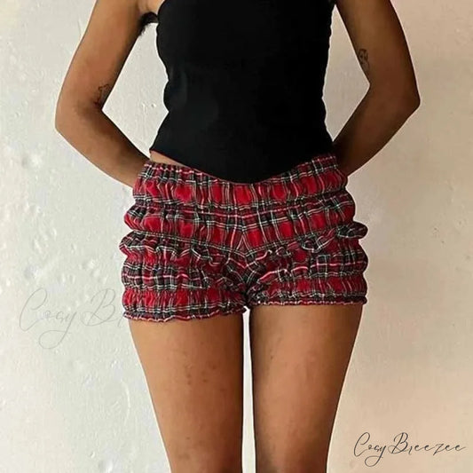 Plaid Frill Tiered Low-Rise Shorts red / S short-250223