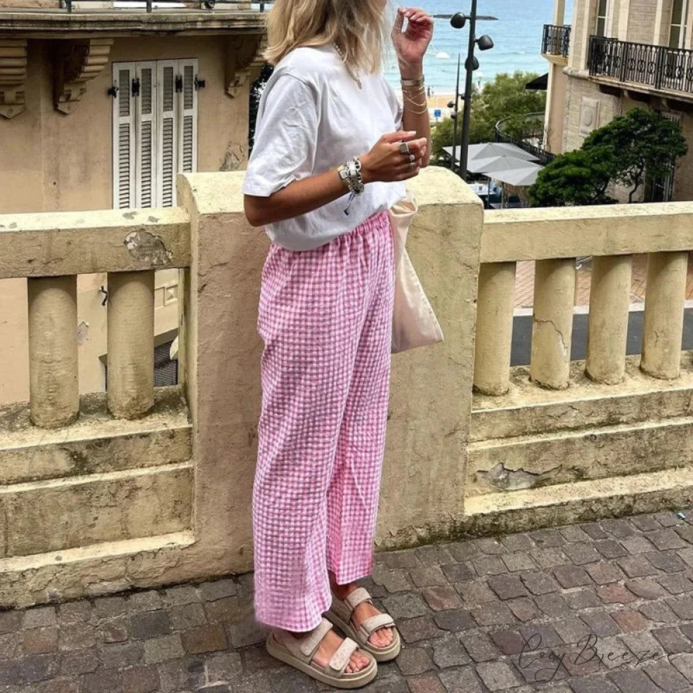 Plaid Frilled Hem Stretchy Waist Relaxed Nightwear Pant pant-250223