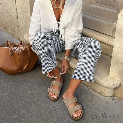 Plaid Frilled Hem Stretchy Waist Relaxed Nightwear Pant pant-250223