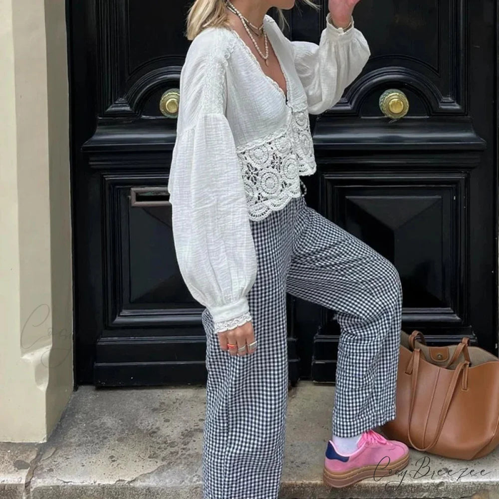 Plaid Frilled Hem Stretchy Waist Relaxed Nightwear Pant Black / S pant-250223