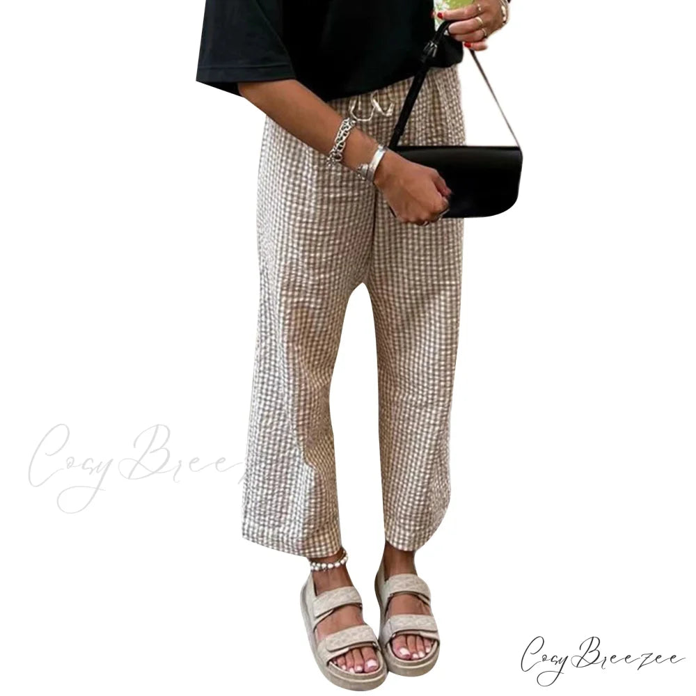 Plaid Frilled Hem Stretchy Waist Relaxed Nightwear Pant Khaki / S pant-250223