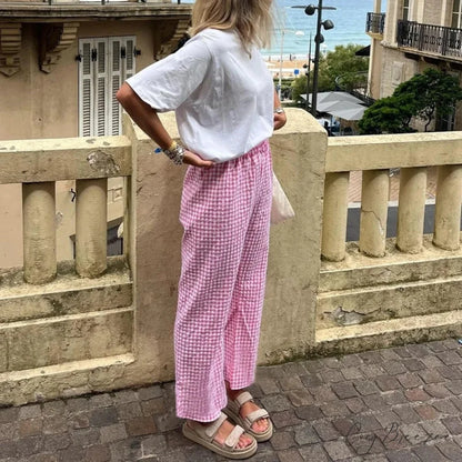 Plaid Frilled Hem Stretchy Waist Relaxed Nightwear Pant Pink / S pant-250223