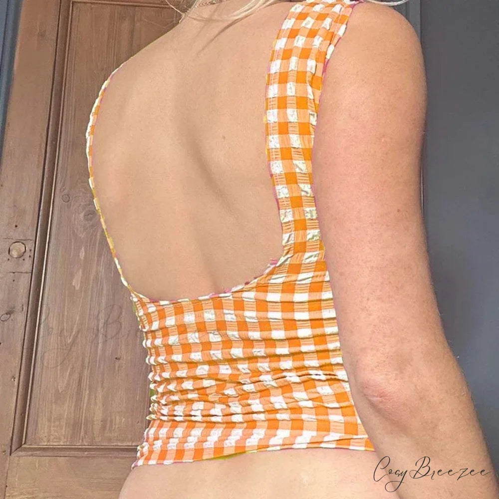 Plaid Gingham Lace Trim Square Collar Slim Fit Y2K Vintage Backless Crop Top croptop-250126