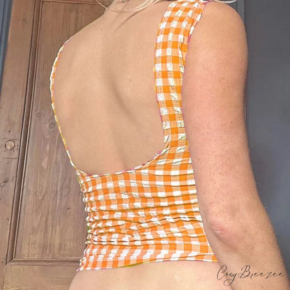 Plaid Gingham Lace Trim Square Collar Slim Fit Y2K Vintage Backless Crop Top croptop-250126