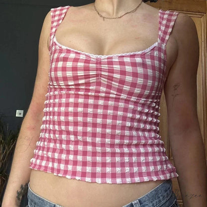Plaid Gingham Lace Trim Square Collar Slim Fit Y2K Vintage Backless Crop Top croptop-250126