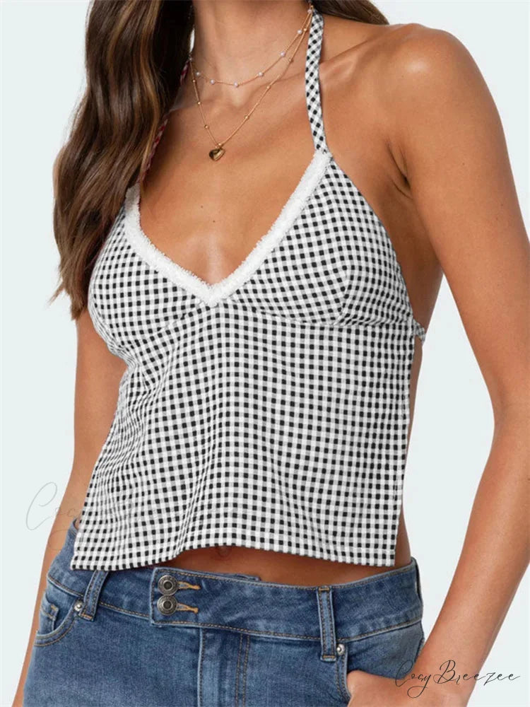 Plaid Halter Backless Deep V-neck Crop Top BLACK / S croptop-250126