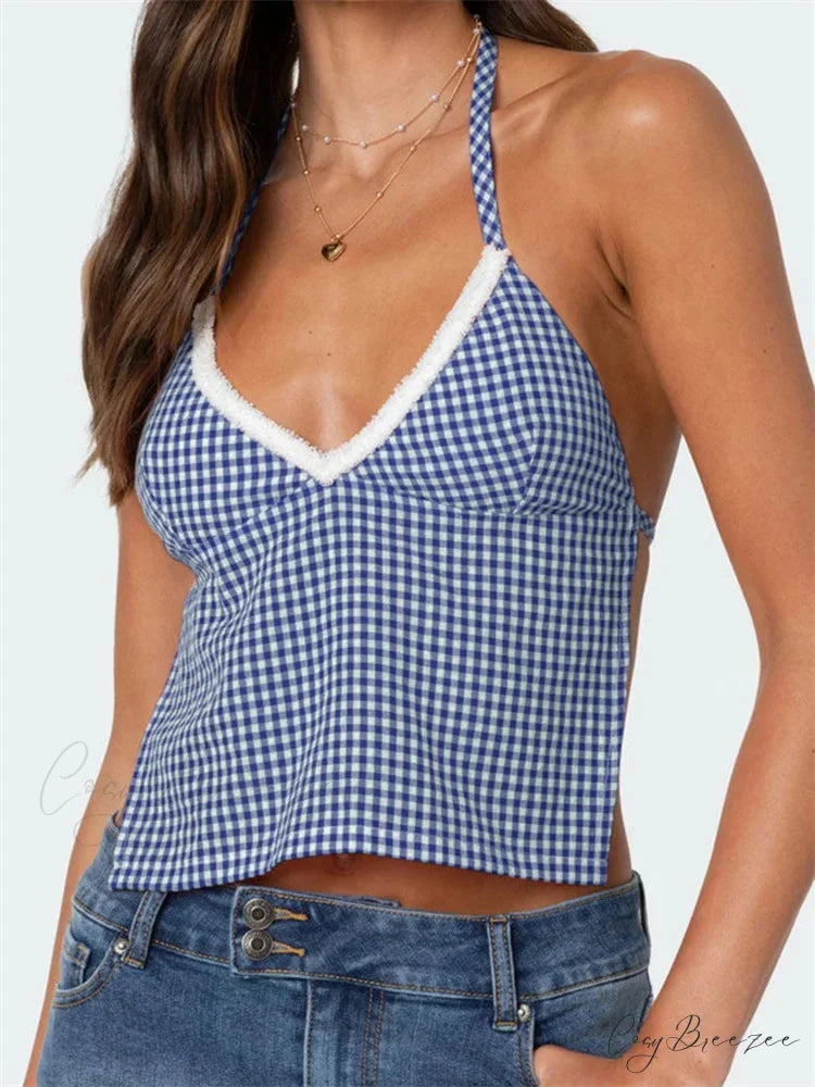 Plaid Halter Backless Deep V-neck Crop Top BLUE / S croptop-250126