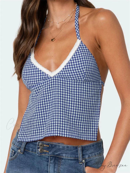 Plaid Halter Backless Deep V-neck Crop Top BLUE / S croptop-250126