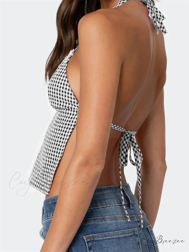 Plaid Halter Backless Deep V-neck Crop Top croptop-250126
