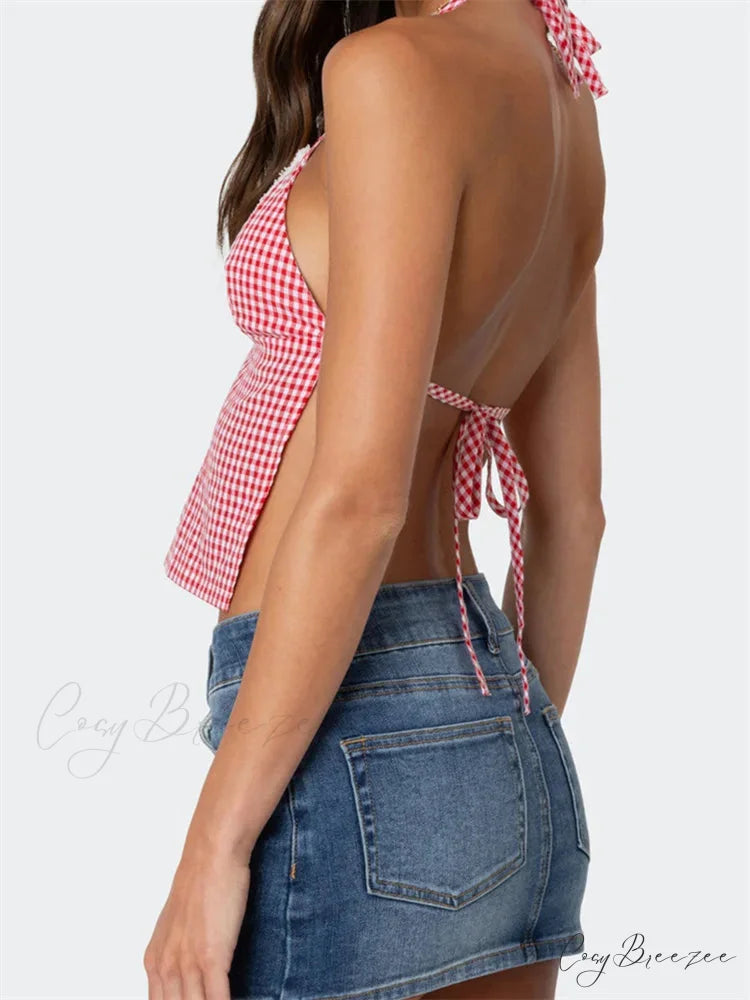 Plaid Halter Backless Deep V-neck Crop Top croptop-250126