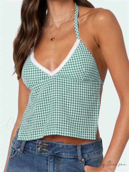 Plaid Halter Backless Deep V-neck Crop Top GREEN / S croptop-250126