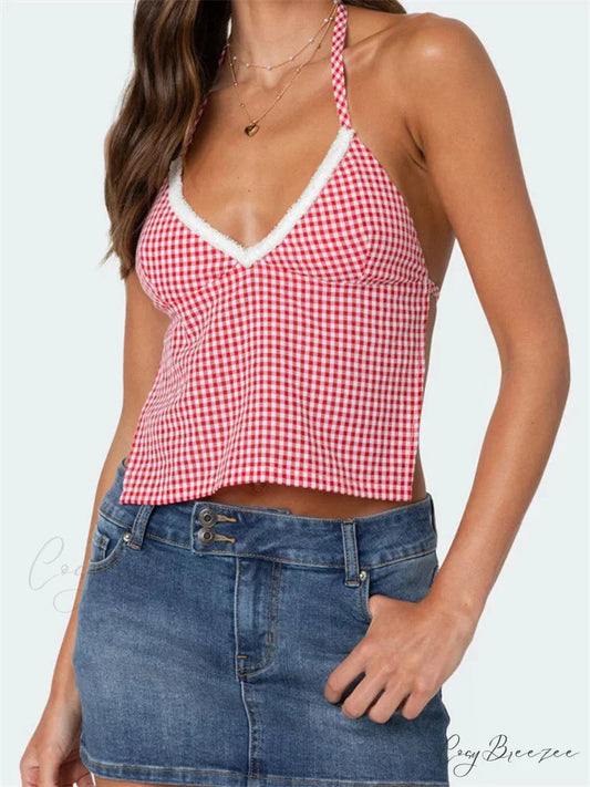 Plaid Halter Backless Deep V-neck Crop Top PINK / S croptop-250126