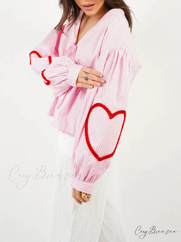 Plaid Heart Trim Tie-Up Blouse blouse-250223