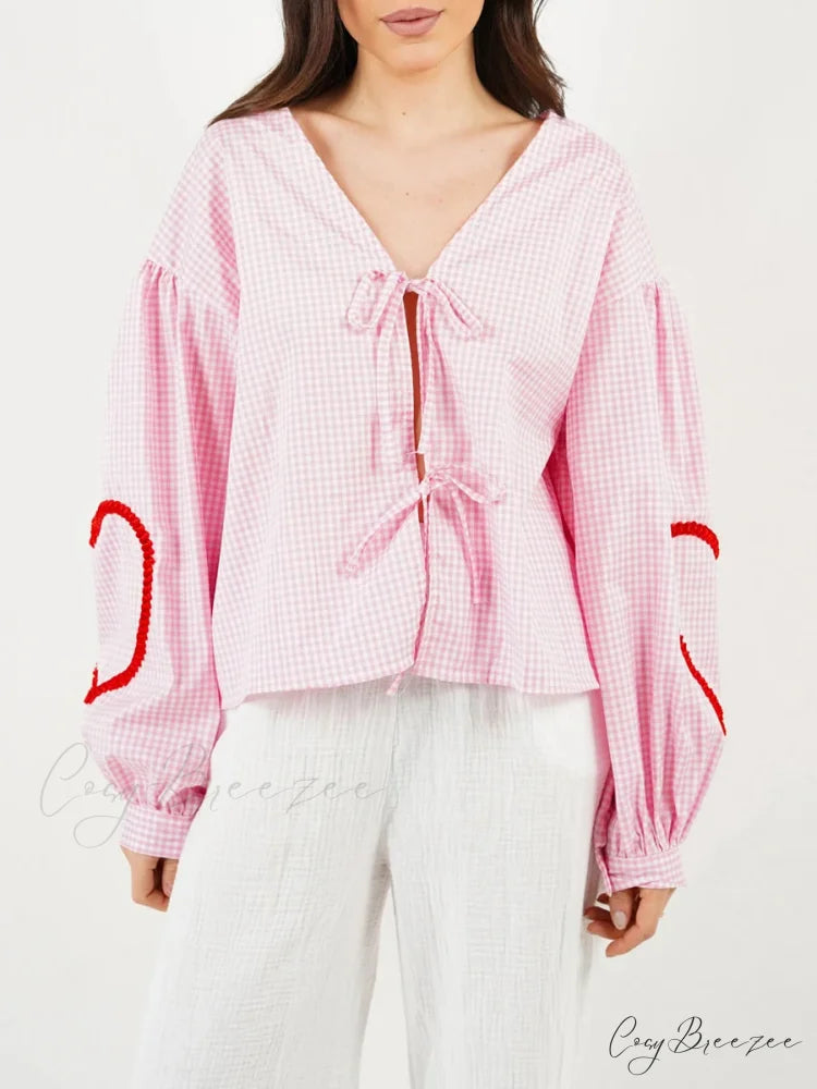 Plaid Heart Trim Tie-Up Blouse blouse-250223