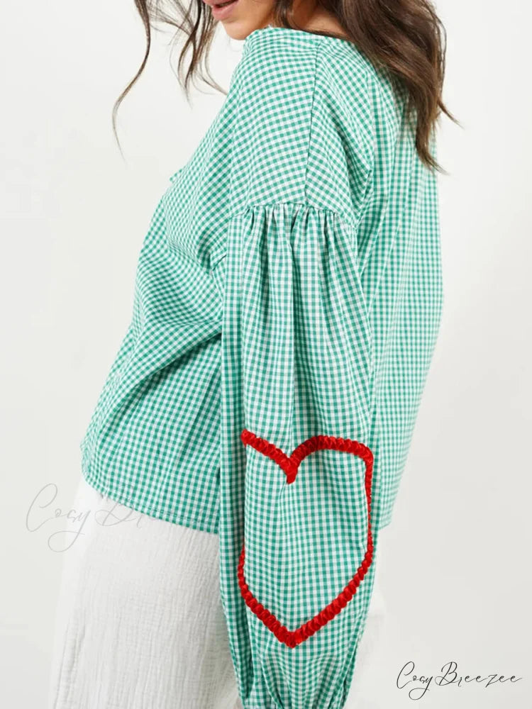 Plaid Heart Trim Tie-Up Blouse Green / S blouse-250223
