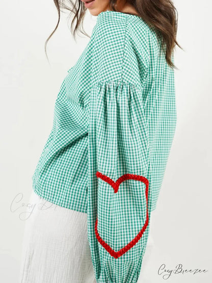 Plaid Heart Trim Tie-Up Blouse Green / S blouse-250223
