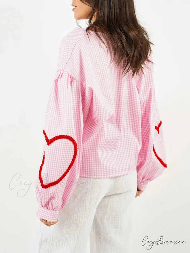 Plaid Heart Trim Tie-Up Blouse Pink / S blouse-250223