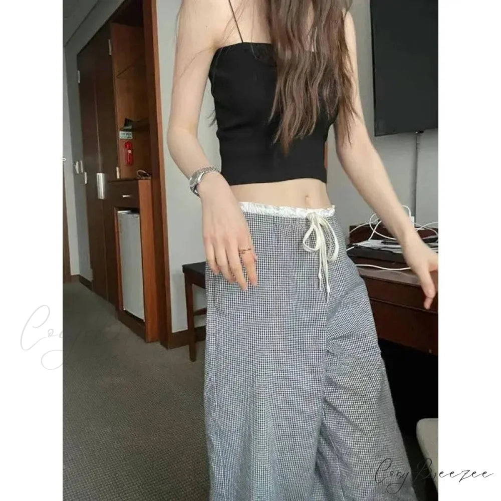 Plaid High Waist Baggy Pants pants-241228