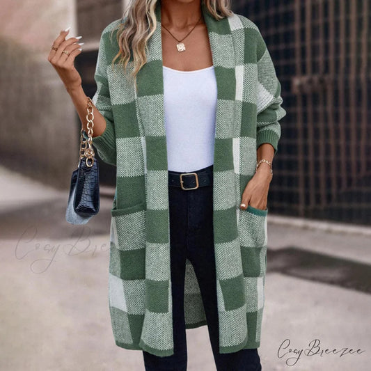 Plaid Knitted Cardigan Green / S