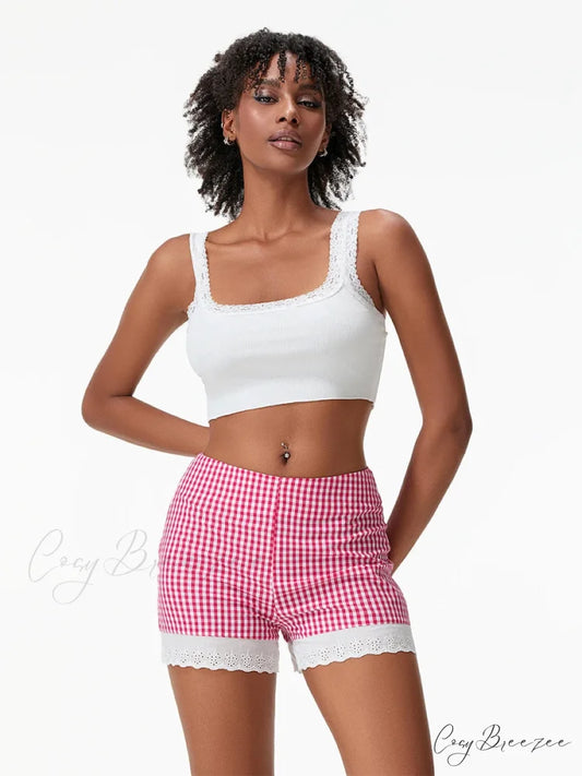 Plaid Lace Crochet Hem Shorts Red / S short-250223