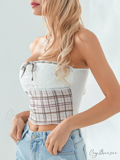 Plaid Lace Patchwork Off-shoulder Strapless Tube Top croptop-250126