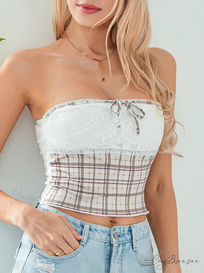 Plaid Lace Patchwork Off-shoulder Strapless Tube Top croptop-250126