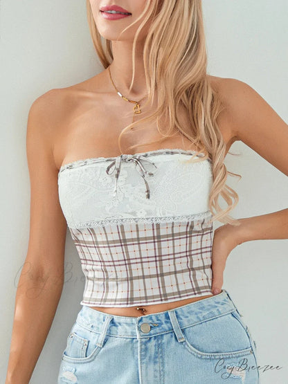 Plaid Lace Patchwork Off-shoulder Strapless Tube Top croptop-250126