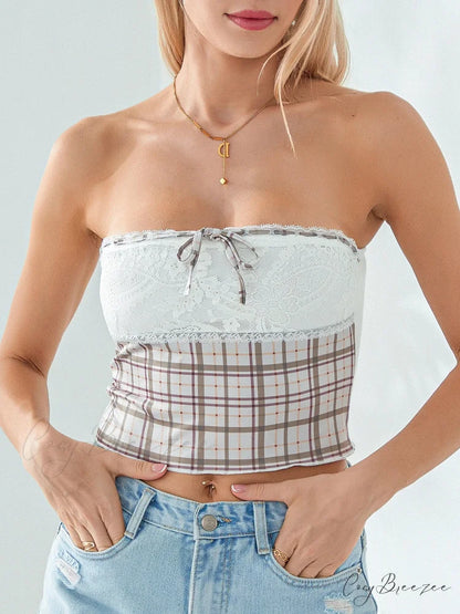 Plaid Lace Patchwork Off-shoulder Strapless Tube Top MULTI / S croptop-250126