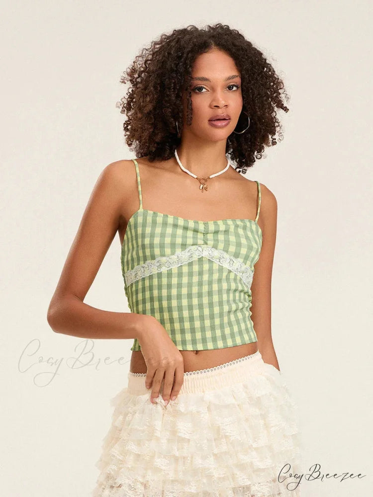 Plaid Lace Patchwork Spaghetti Strap Low-cut Crop Top croptop-250126