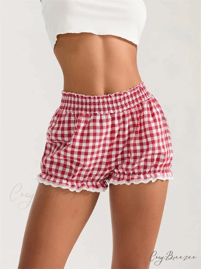 Plaid Lace Ruffle Bloomer Shorts red / S short-250223