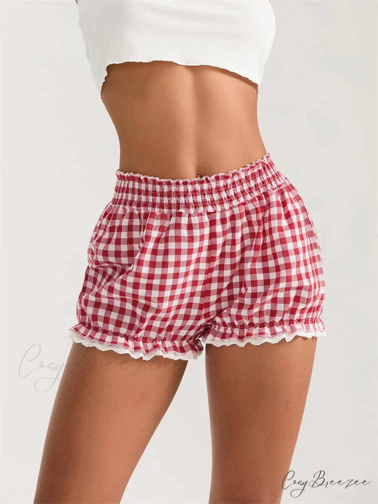 Plaid Lace Ruffle Bloomer Shorts red / S short-250223