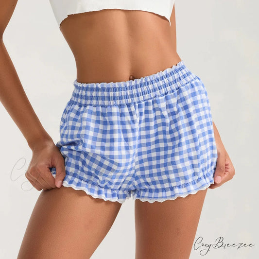 Plaid Lace Trim Elastic Waist Shorts blue / S short-250223